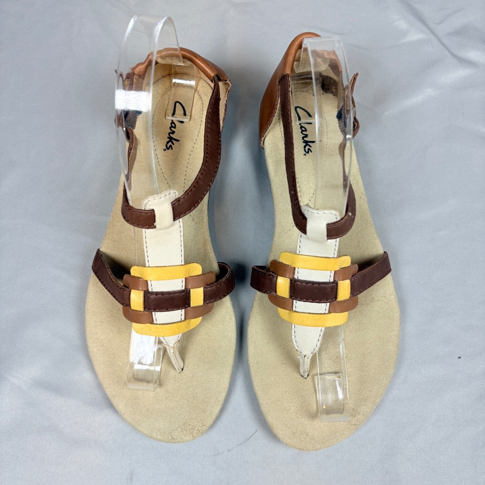 Clarks Womens Qwin Adonia 7.5 Brown Yellow Leather T Strap Gladiator Sandals - Picture 5 of 10